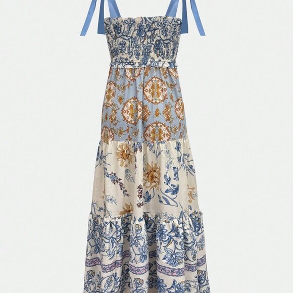 Multicolor Casual Women's Floral Print Lace-Up Spaghetti Strap Pleated Dress - Picture 6 of 6